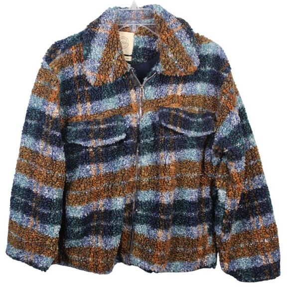 Stoosh Womens Jacket Multicolor Plaid Sherpa Fleece Sz Medium Cozy Western Indie - Picture 1 of 8